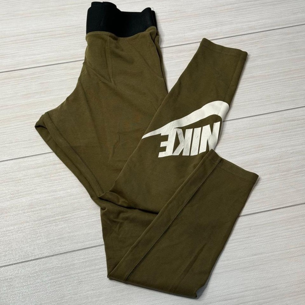 Nike Leggings Olive Green White Logo High Waist Athletic Activewear‎ Medium